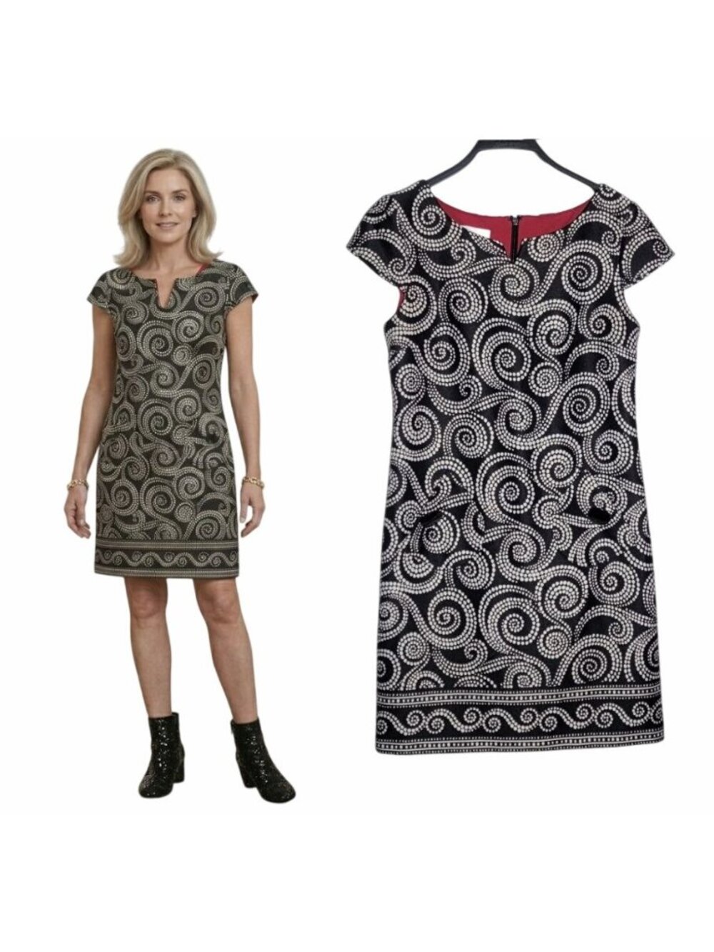London Times Women Dress Sz 6 Black White Spiral Dot Pattern Back Zip Above Knee